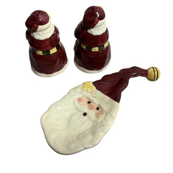Vigor Santa Ceramic Salt & Pepper Shakers Santa Hat Spoon Rest Holiday Decor - Picture 2 of 4